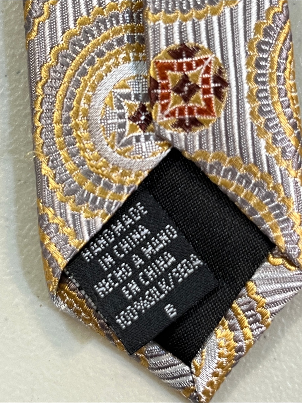 Beige and Gold Medallion Pattern Men's Tie - Picture 2 of 4